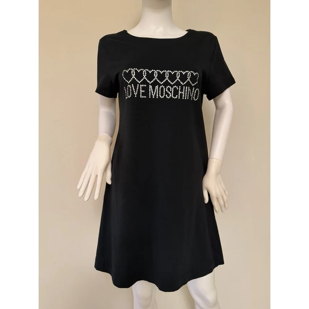 Rare Love Moschino Black 100% Cotton T Shirt Dress With Rhinestone Design US 12